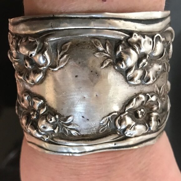 Art Nouveau Cuff Bracelet Floral Solid Sterling Silver 925 Antique Spoon Ring - Picture 1 of 9